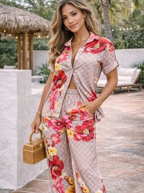 Tropical Floral 2PC Set Wide Leg Pants Resort Vacation Chic Outfit